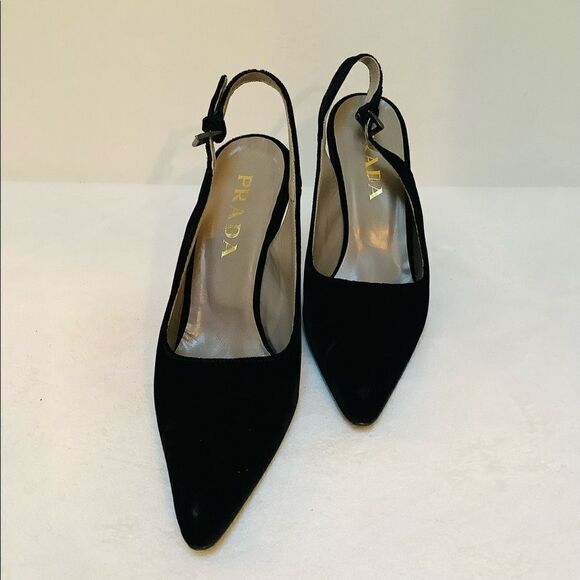 PRADA HIGH HEELS VELVET WEDGE BLACK SIZE 8 VINTAGE RARE - Picture 2 of 7